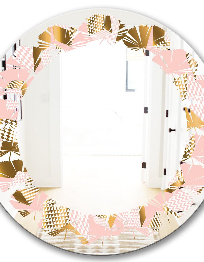 DesignQ Gold And Rose Cubes II - Modern Round Or Oval Wall Mirror - Leaves