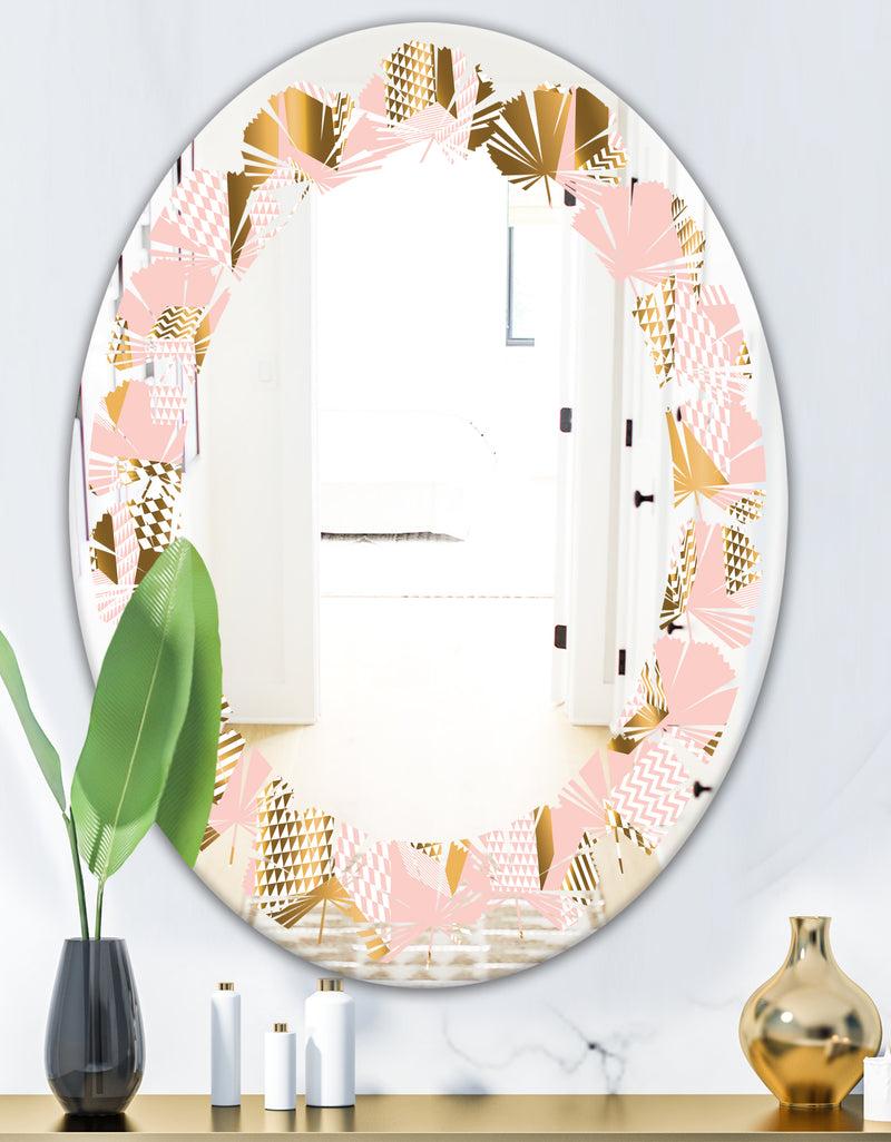 DesignQ Gold And Rose Cubes II - Modern Round Or Oval Wall Mirror - Leaves
