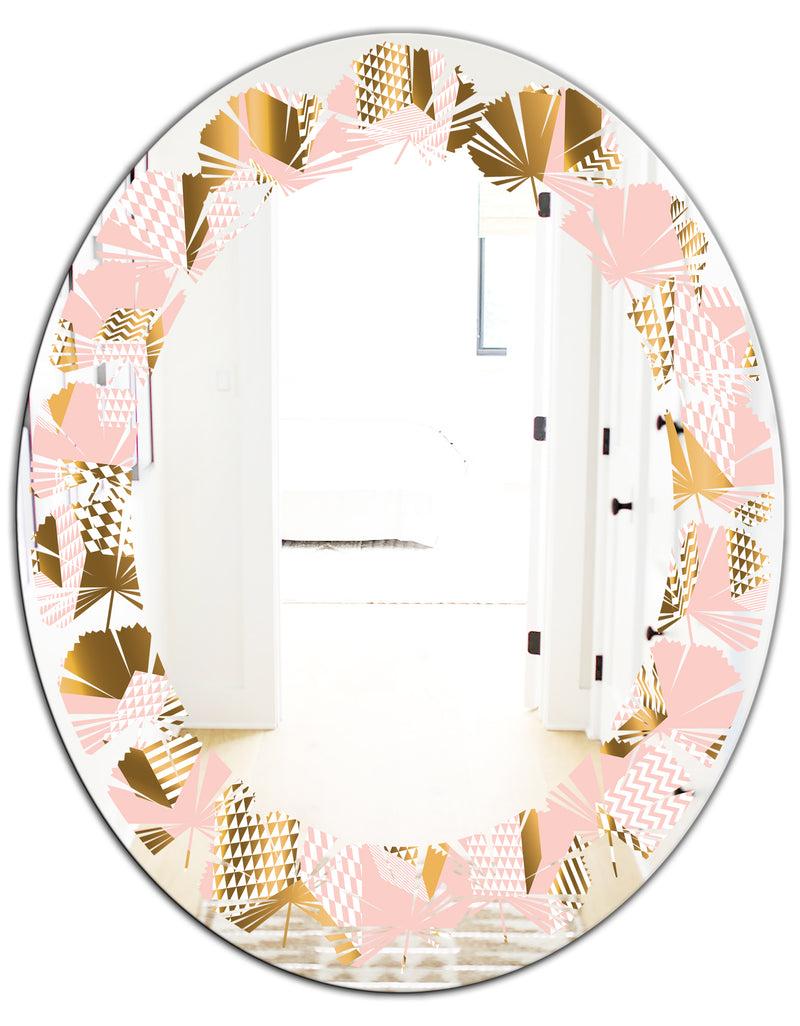 DesignQ Gold And Rose Cubes II - Modern Round Or Oval Wall Mirror - Leaves