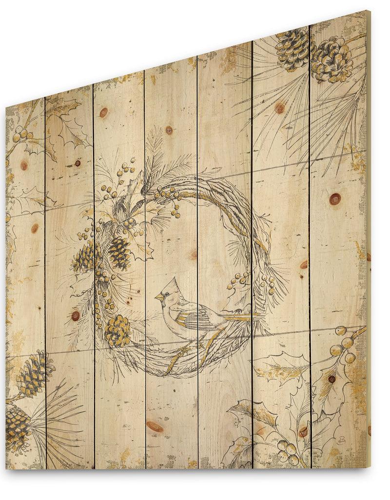 DesignQ Gold Beautiful Cardinals - Farmhouse Print On Natural Pine Wood