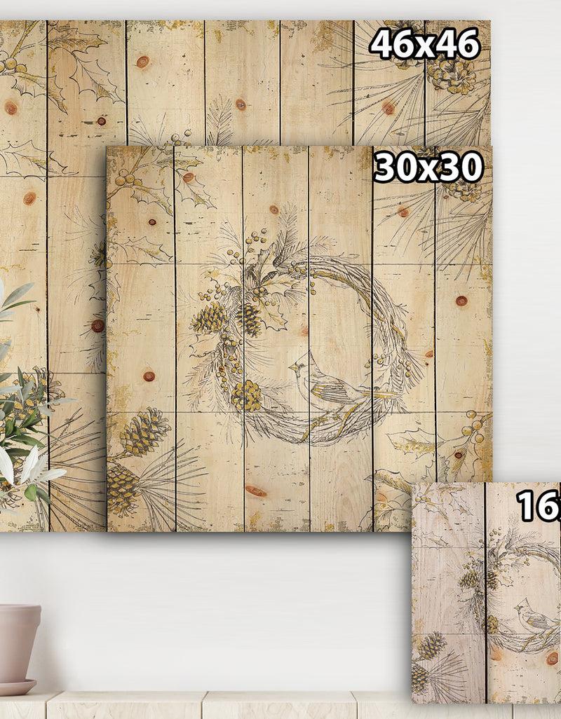 DesignQ Gold Beautiful Cardinals - Farmhouse Print On Natural Pine Wood