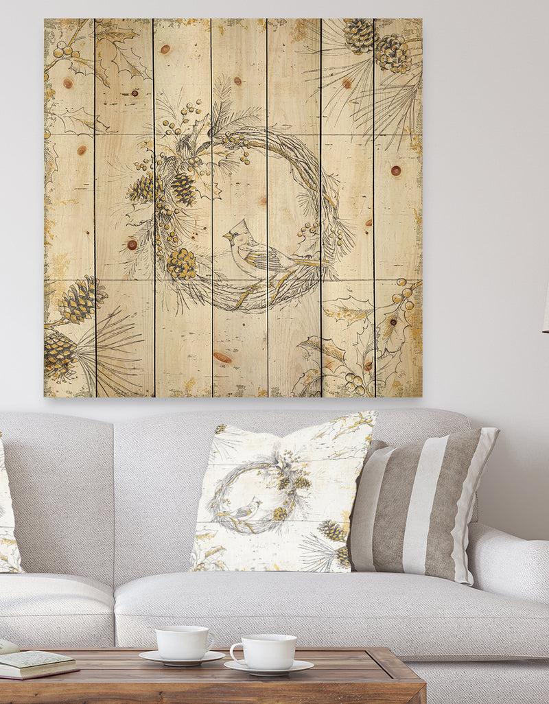 DesignQ Gold Beautiful cardinals - Farmhouse Print on Natural Pine Wood