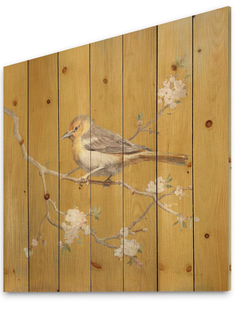 DesignQ Gold Bird On Blossoms I - Farmhouse Print On Natural Pine Wood