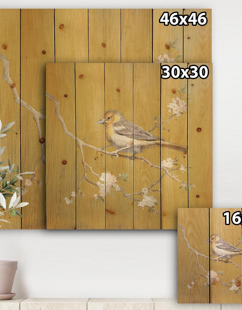 DesignQ Gold Bird On Blossoms I - Farmhouse Print On Natural Pine Wood