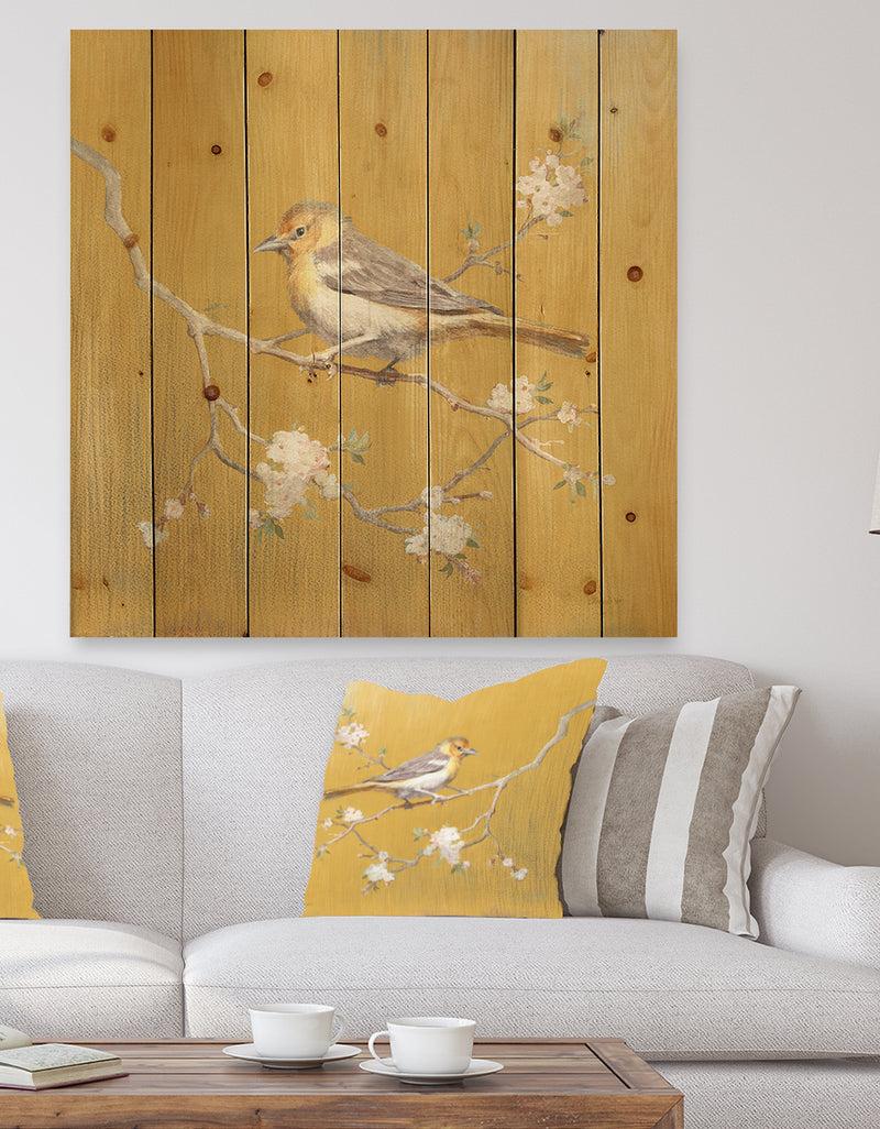 DesignQ Gold Bird on Blossoms I - Farmhouse Print on Natural Pine Wood