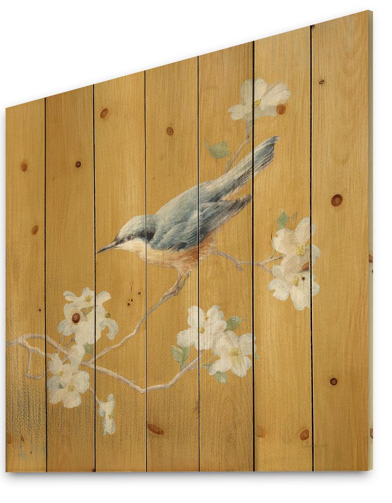 DesignQ Gold Bird On Blossoms II - Farmhouse Print On Natural Pine Wood
