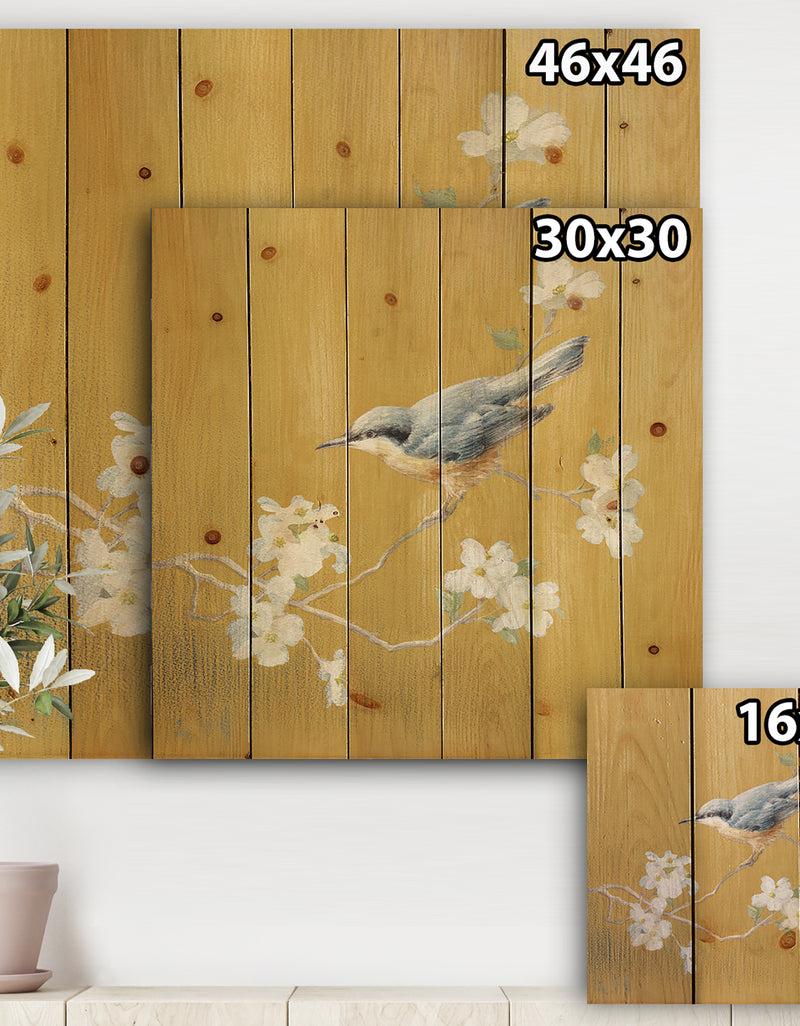 DesignQ Gold Bird On Blossoms II - Farmhouse Print On Natural Pine Wood