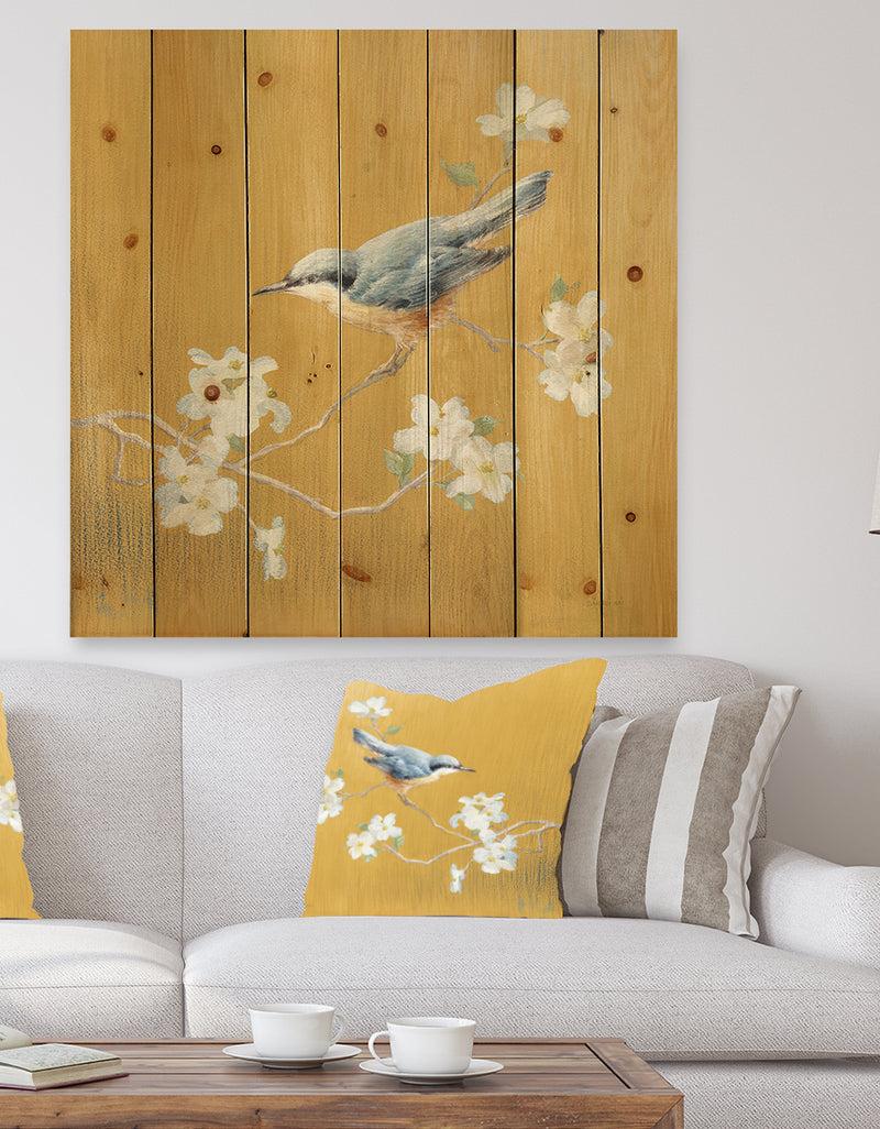 DesignQ Gold Bird on Blossoms II - Farmhouse Print on Natural Pine Wood