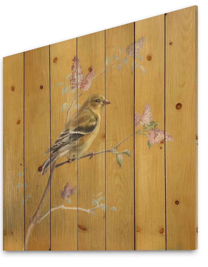 DesignQ Gold Bird On Blossoms III - Farmhouse Print On Natural Pine Wood