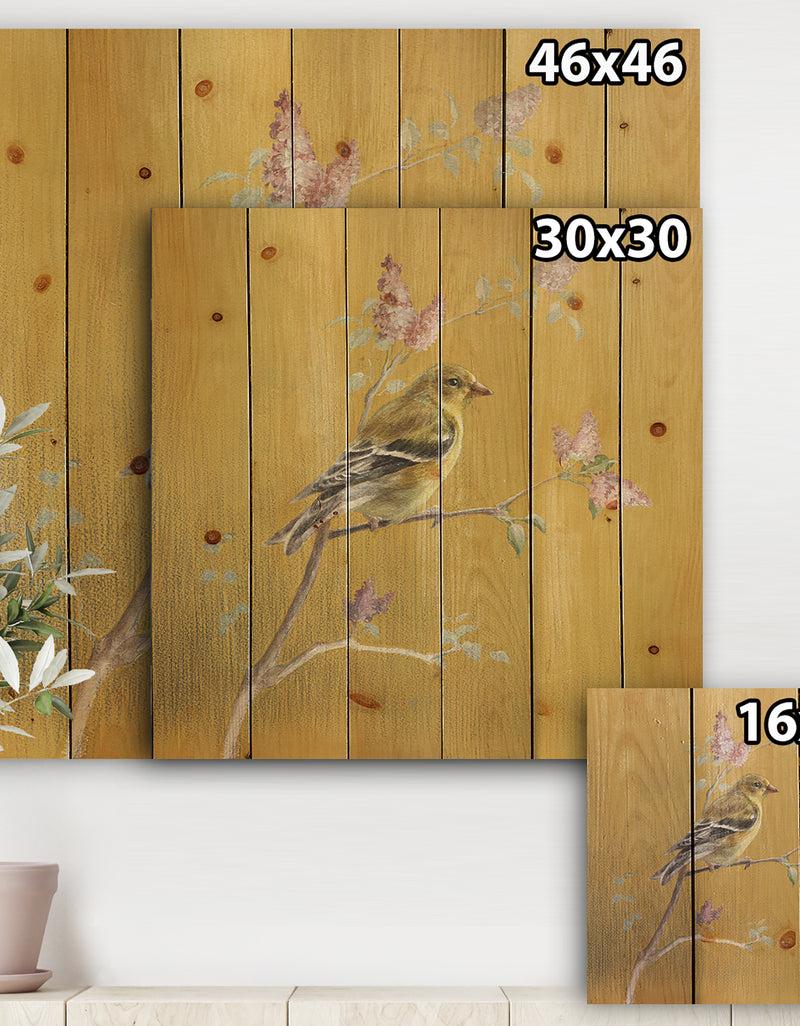 DesignQ Gold Bird On Blossoms III - Farmhouse Print On Natural Pine Wood