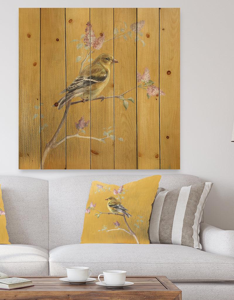 DesignQ Gold Bird on Blossoms III - Farmhouse Print on Natural Pine Wood