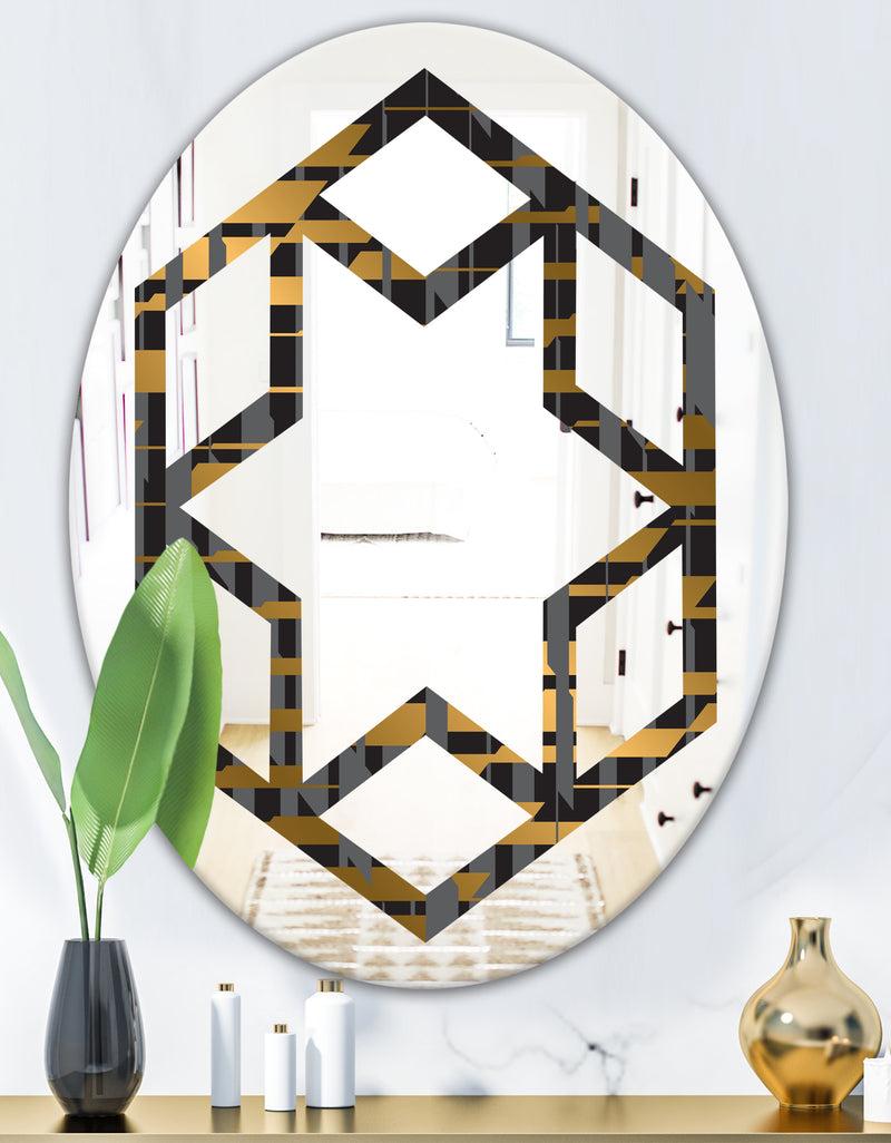 DesignQ Gold Checkered Pattern I - Modern Round Or Oval Wall Mirror - Hexagon Star