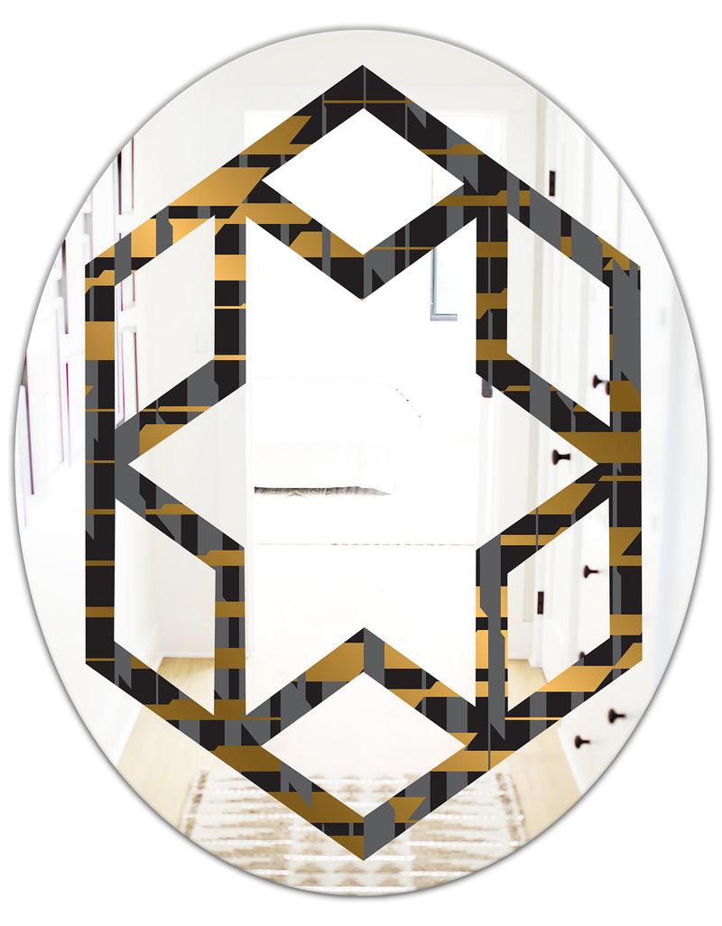 DesignQ Gold Checkered Pattern I - Modern Round Or Oval Wall Mirror - Hexagon Star
