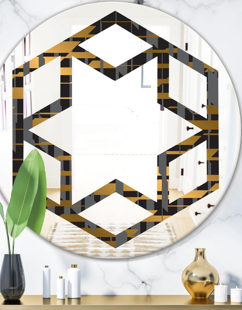 DesignQ Gold Checkered Pattern I - Modern Round or Oval Wall Mirror - Hexagon Star