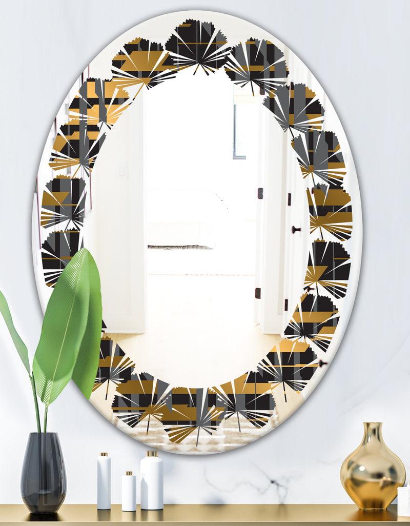 DesignQ Gold Checkered Pattern I - Modern Round Or Oval Wall Mirror - Leaves