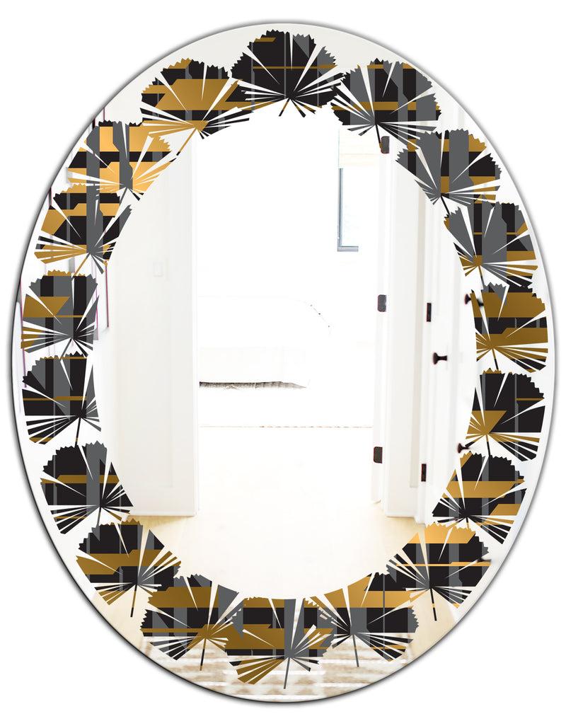 DesignQ Gold Checkered Pattern I - Modern Round Or Oval Wall Mirror - Leaves