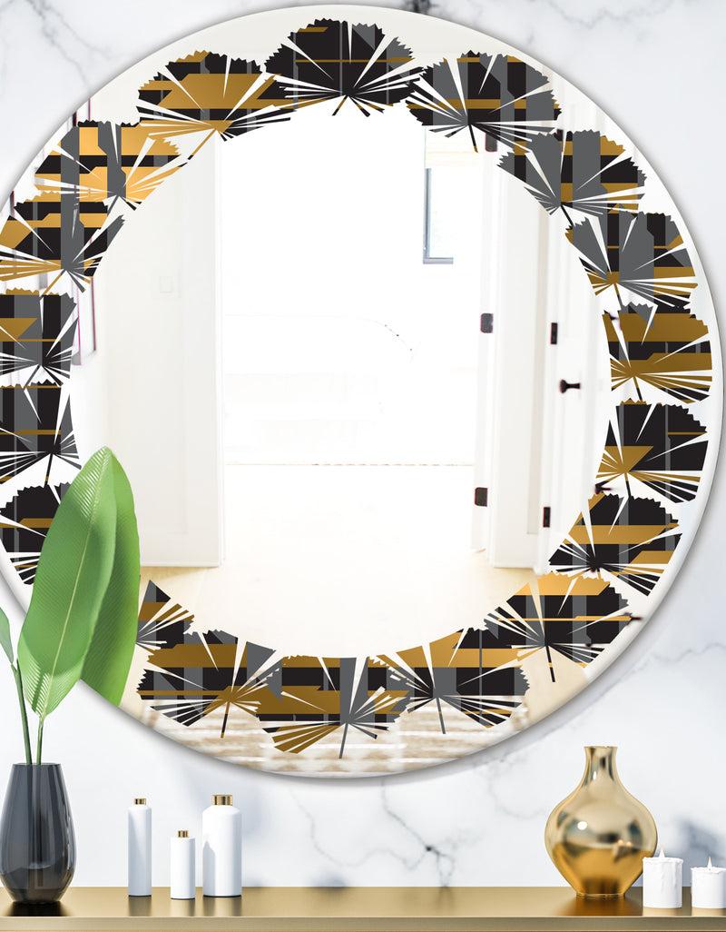 DesignQ Gold Checkered Pattern I - Modern Round or Oval Wall Mirror - Leaves