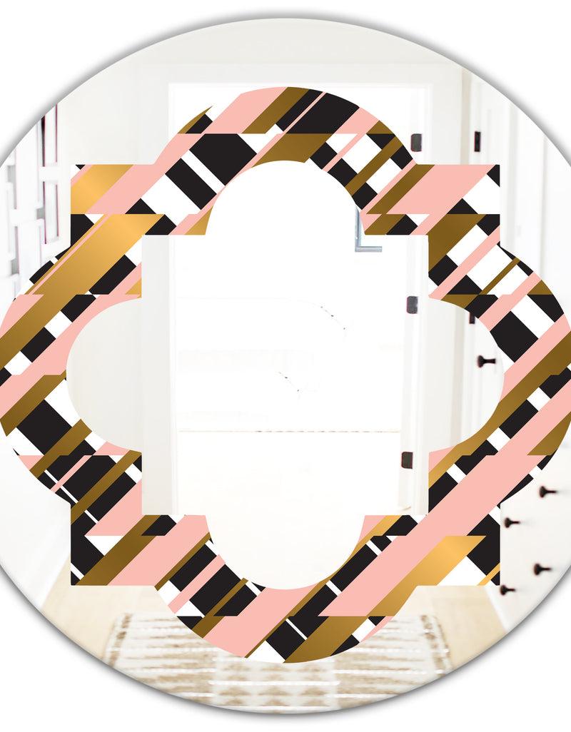 DesignQ Gold Checkered Pattern II - Modern Round Or Oval Wall Mirror - Quatrefoil