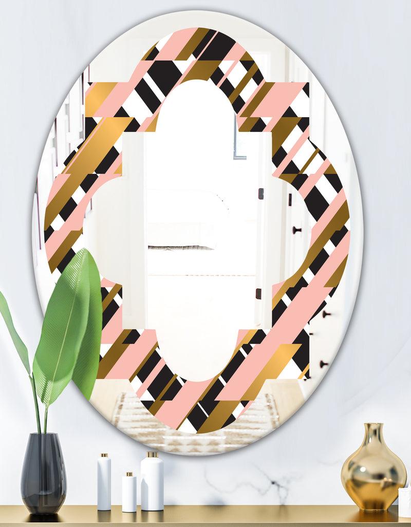 DesignQ Gold Checkered Pattern II - Modern Round Or Oval Wall Mirror - Quatrefoil