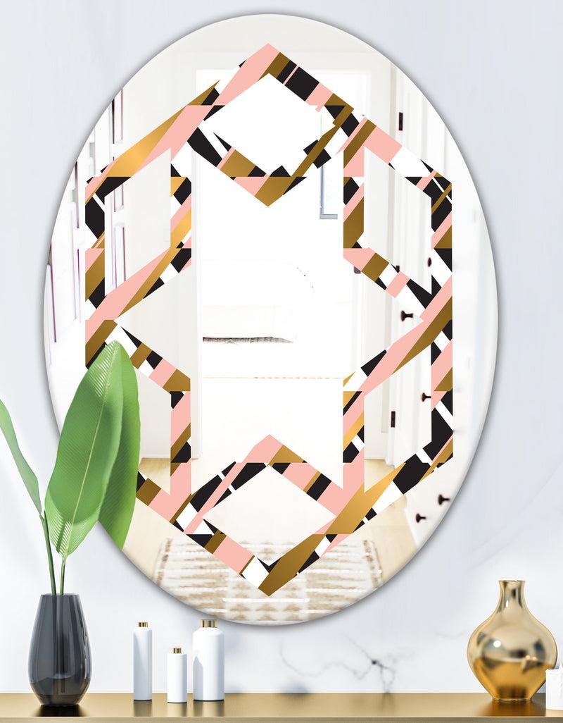 DesignQ Gold Checkered Pattern II - Modern Round Or Oval Wall Mirror - Hexagon Star