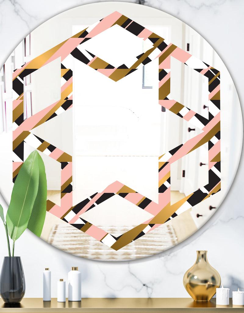 DesignQ Gold Checkered Pattern II - Modern Round or Oval Wall Mirror - Hexagon Star