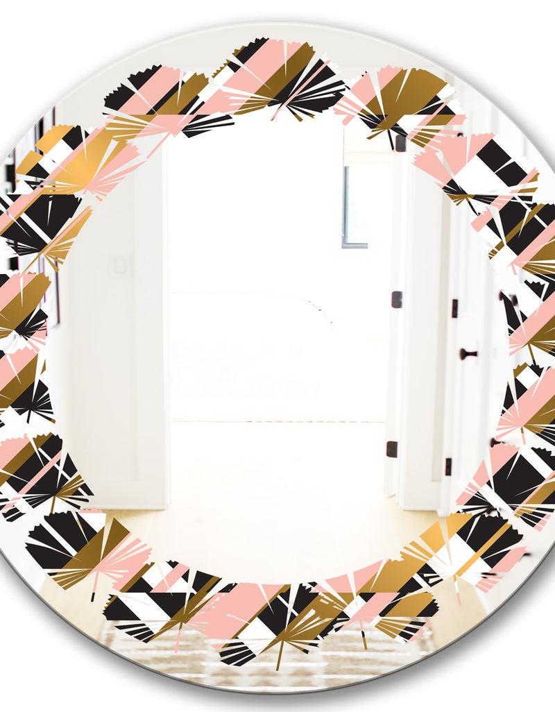 DesignQ Gold Checkered Pattern II - Modern Round Or Oval Wall Mirror - Leaves
