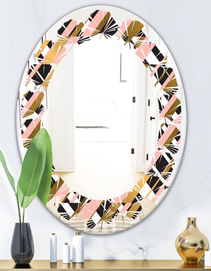 DesignQ Gold Checkered Pattern II - Modern Round Or Oval Wall Mirror - Leaves