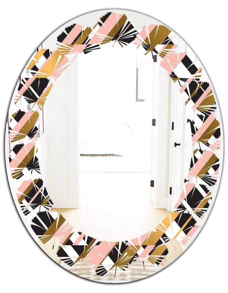 DesignQ Gold Checkered Pattern II - Modern Round Or Oval Wall Mirror - Leaves