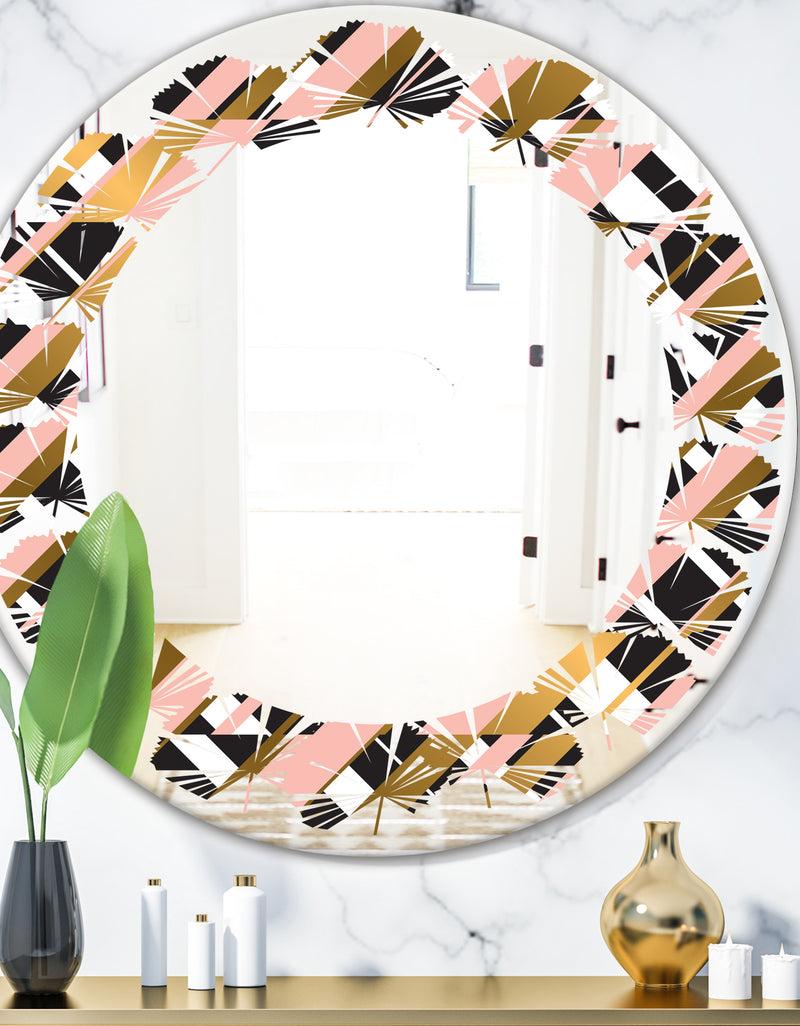 DesignQ Gold Checkered Pattern II - Modern Round or Oval Wall Mirror - Leaves