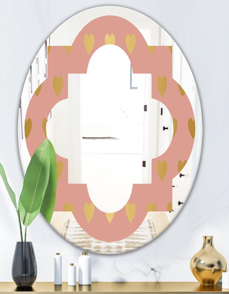 DesignQ Gold Hearts On Pink - Modern Round Or Oval Wall Mirror - Quatrefoil