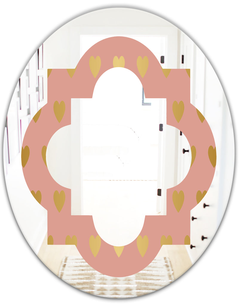 DesignQ Gold Hearts On Pink - Modern Round Or Oval Wall Mirror - Quatrefoil