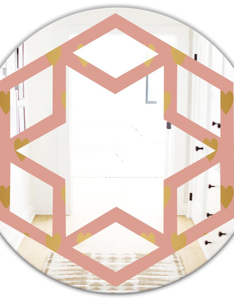 DesignQ Gold Hearts On Pink - Modern Round Or Oval Wall Mirror - Hexagon Star