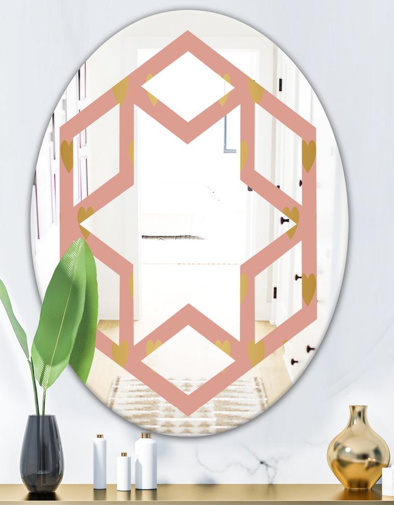 DesignQ Gold Hearts On Pink - Modern Round Or Oval Wall Mirror - Hexagon Star