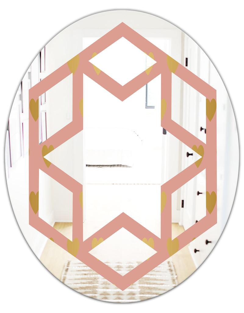 DesignQ Gold Hearts On Pink - Modern Round Or Oval Wall Mirror - Hexagon Star