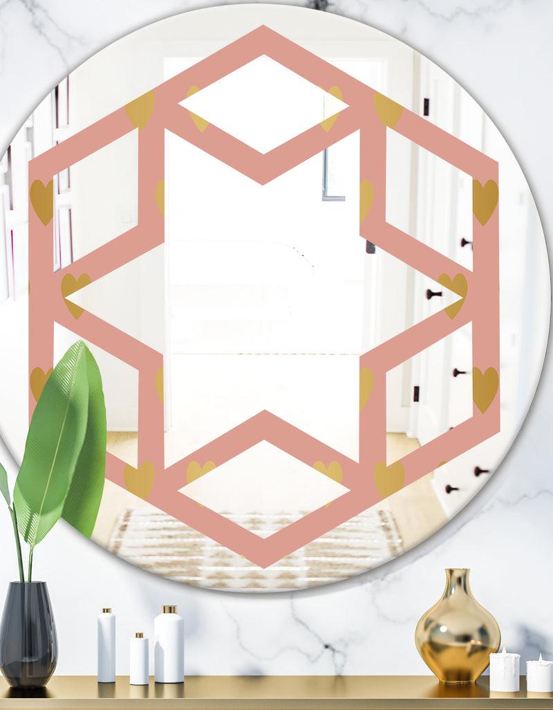 DesignQ Gold Hearts On Pink - Modern Round or Oval Wall Mirror - Hexagon Star