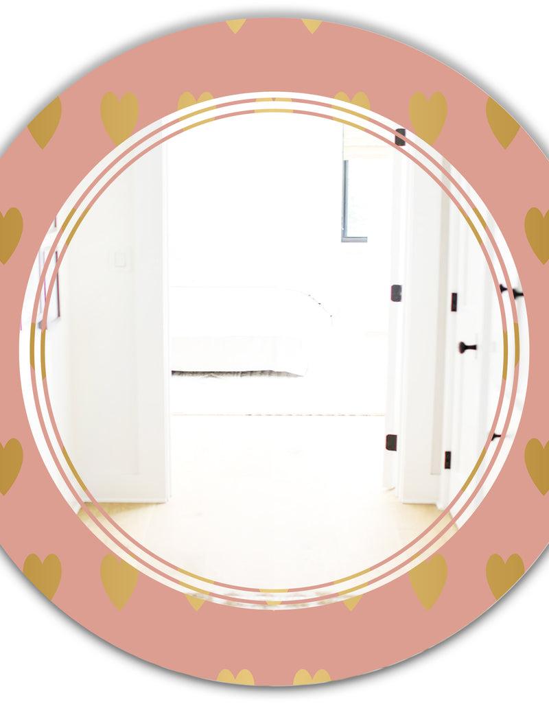 DesignQ Gold Hearts On Pink - Modern Round Or Oval Wall Mirror - Triple C