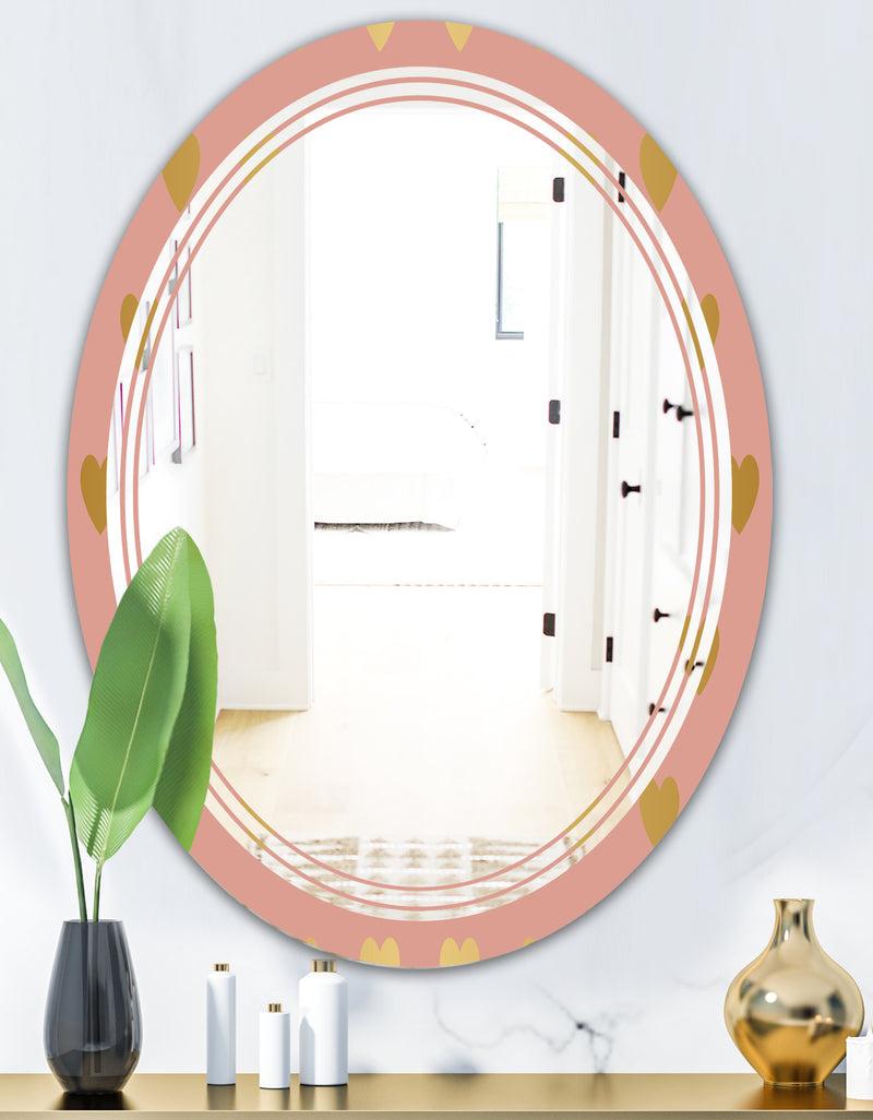 DesignQ Gold Hearts On Pink - Modern Round Or Oval Wall Mirror - Triple C
