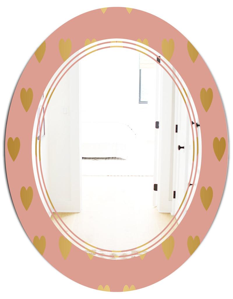 DesignQ Gold Hearts On Pink - Modern Round Or Oval Wall Mirror - Triple C
