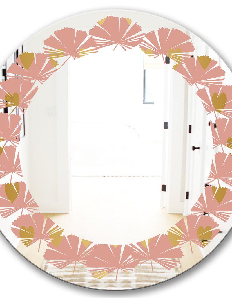 DesignQ Gold Hearts On Pink - Modern Round Or Oval Wall Mirror - Leaves