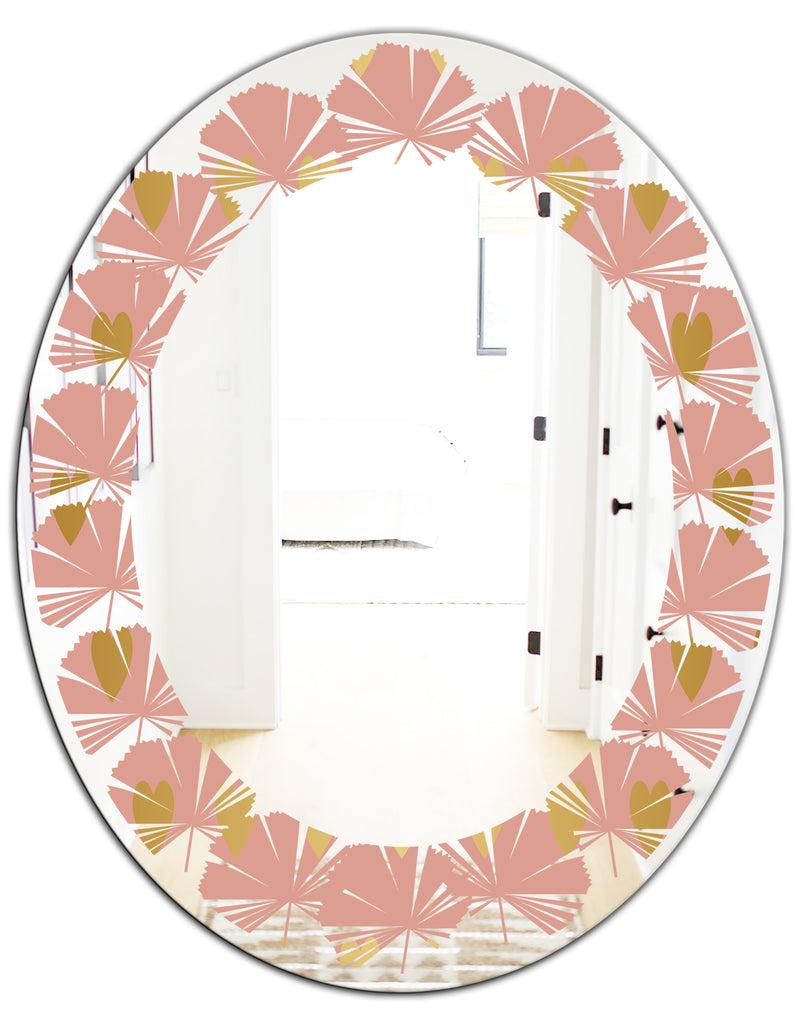 DesignQ Gold Hearts On Pink - Modern Round Or Oval Wall Mirror - Leaves