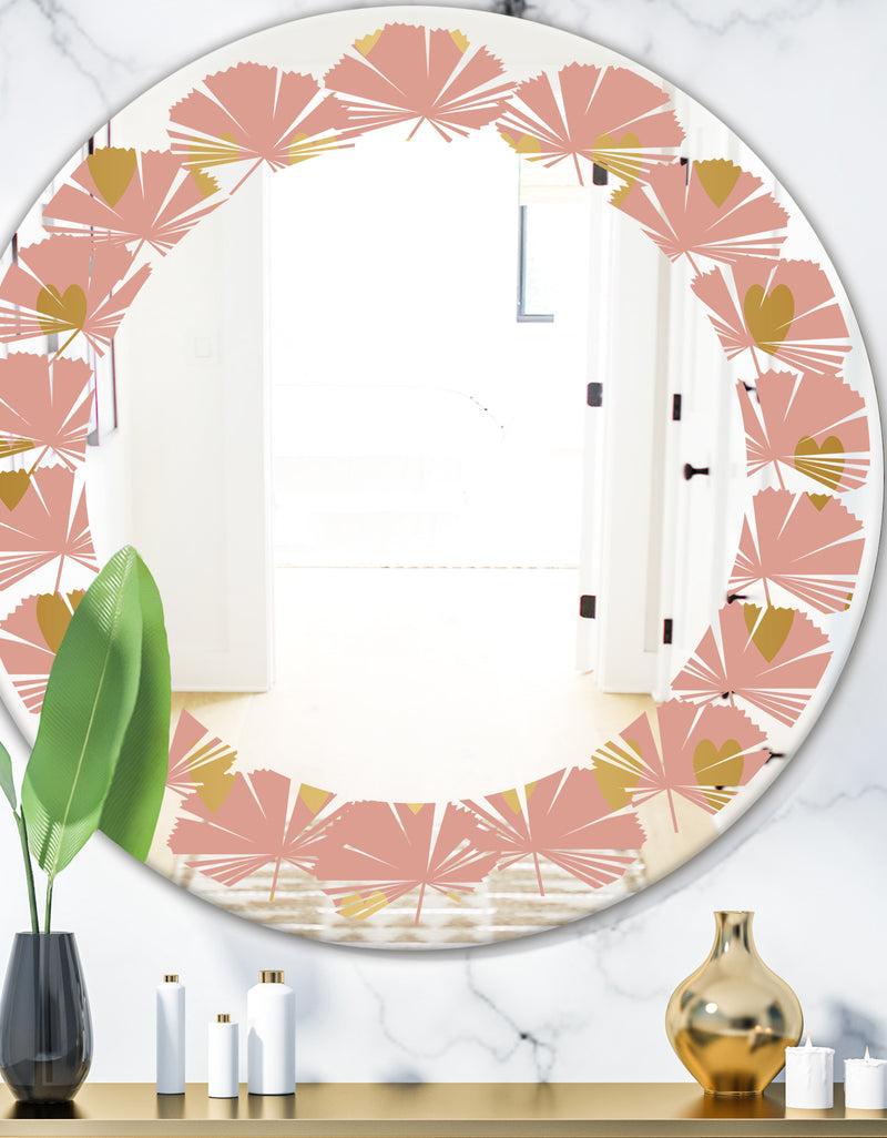 DesignQ Gold Hearts On Pink - Modern Round or Oval Wall Mirror - Leaves
