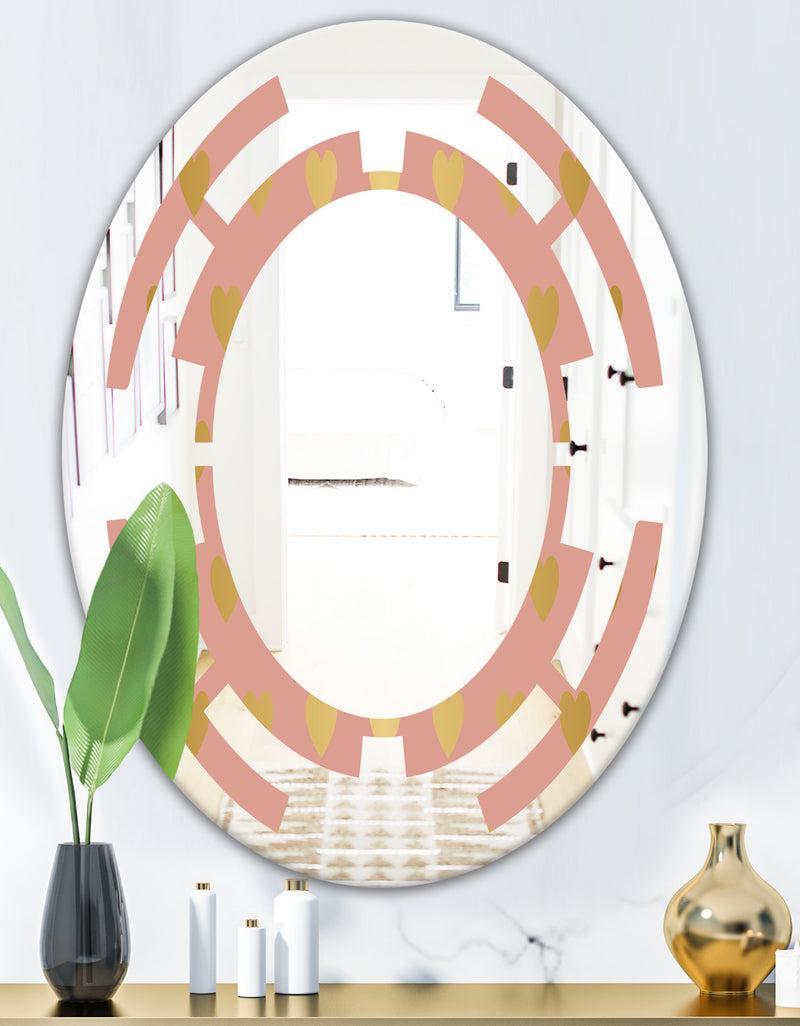 DesignQ Gold Hearts On Pink - Modern Round Or Oval Wall Mirror - Space