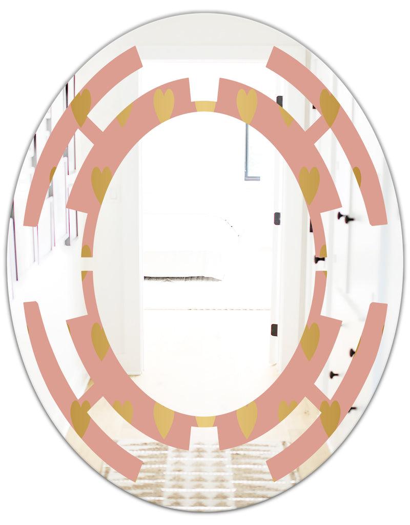 DesignQ Gold Hearts On Pink - Modern Round Or Oval Wall Mirror - Space