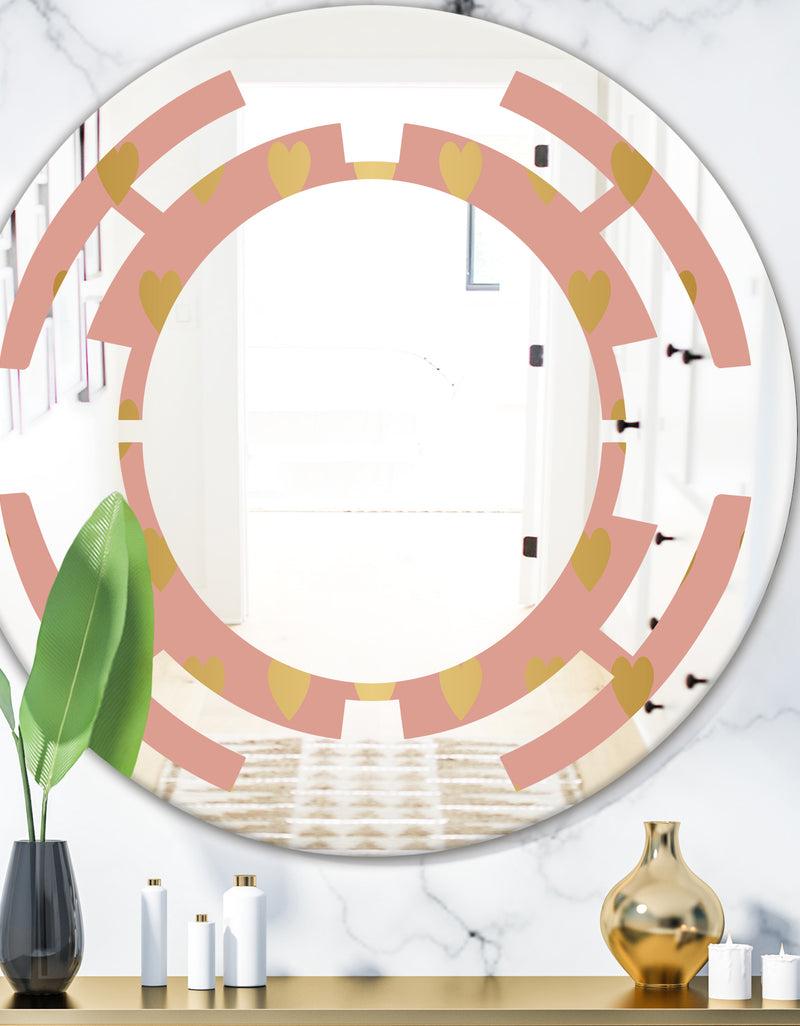 DesignQ Gold Hearts On Pink - Modern Round or Oval Wall Mirror - Space