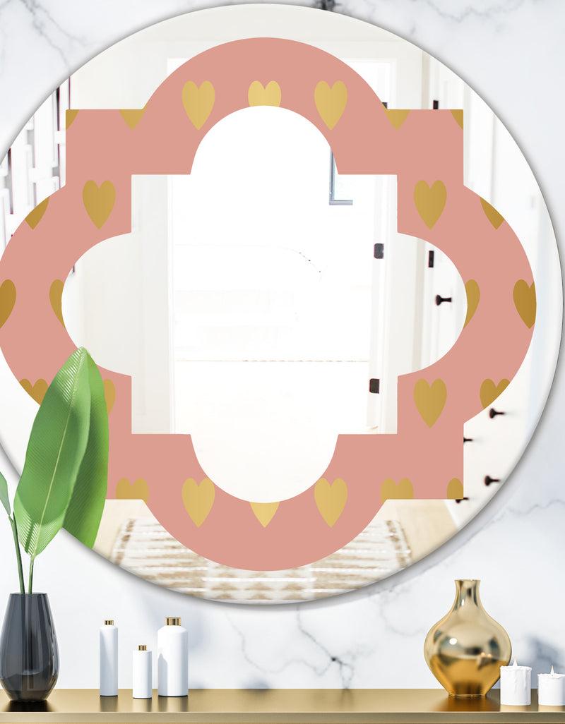 DesignQ Gold Hearts On Pink - Modern Round or Oval Wall Mirror - Quatrefoil