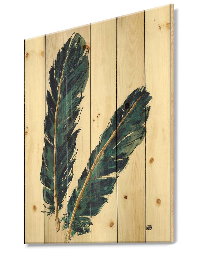DesignQ Gold Indigo Feathers IV - Modern Bohemian Print On Natural Pine Wood