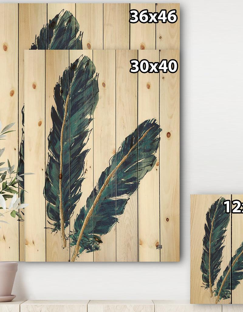 DesignQ Gold Indigo Feathers IV - Modern Bohemian Print On Natural Pine Wood