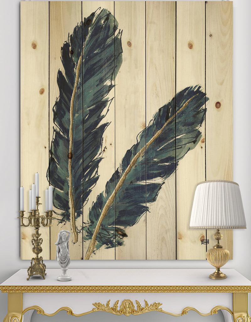 DesignQ Gold Indigo Feathers IV - Modern Bohemian Print on Natural Pine Wood
