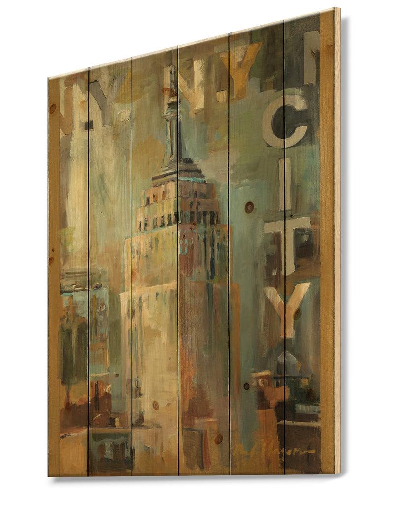 DesignQ Gold Vintage Empire State Building I - Vintage Architecture Print On Natural Pine Wood