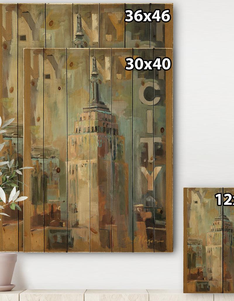 DesignQ Gold Vintage Empire State Building I - Vintage Architecture Print On Natural Pine Wood